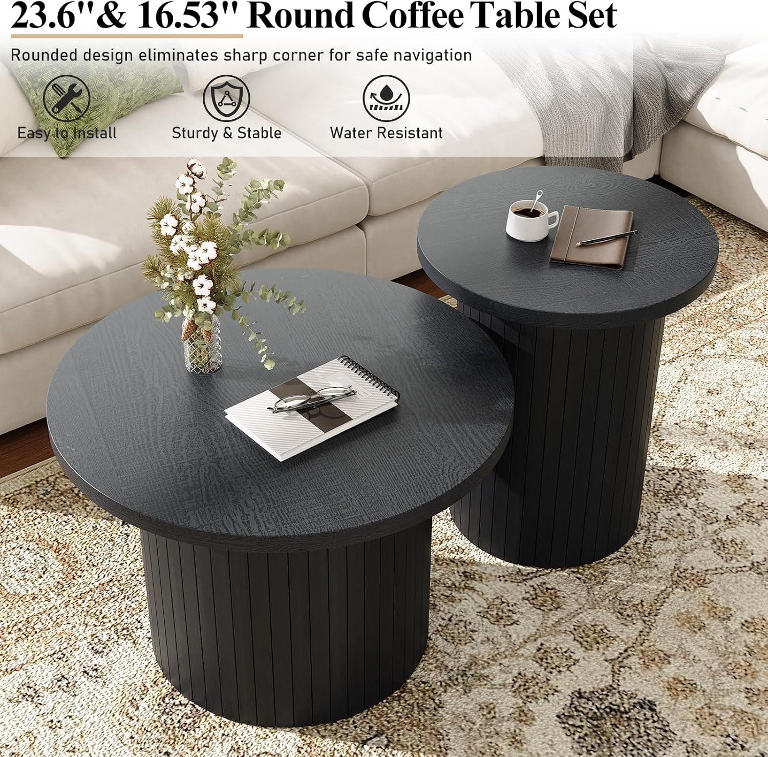 LUXOAK Nesting Coffee Table Set of 2, Mid Century Modern Round Coffee Tables, Wood Slat Side Table Set for Living Room, Office, Balcony, Textured Black
