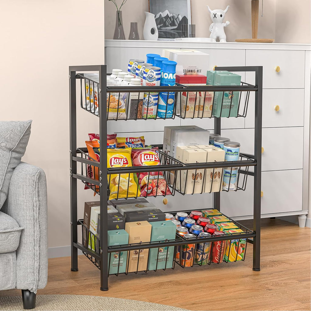Hastatii Kitchen Storage Basket Shelf, Snack Basket Shelf, 3 Tier Fruit Vegetable Basket Stand, Metal Pantry Storage with 6 Stackable Wire Baskets, Black