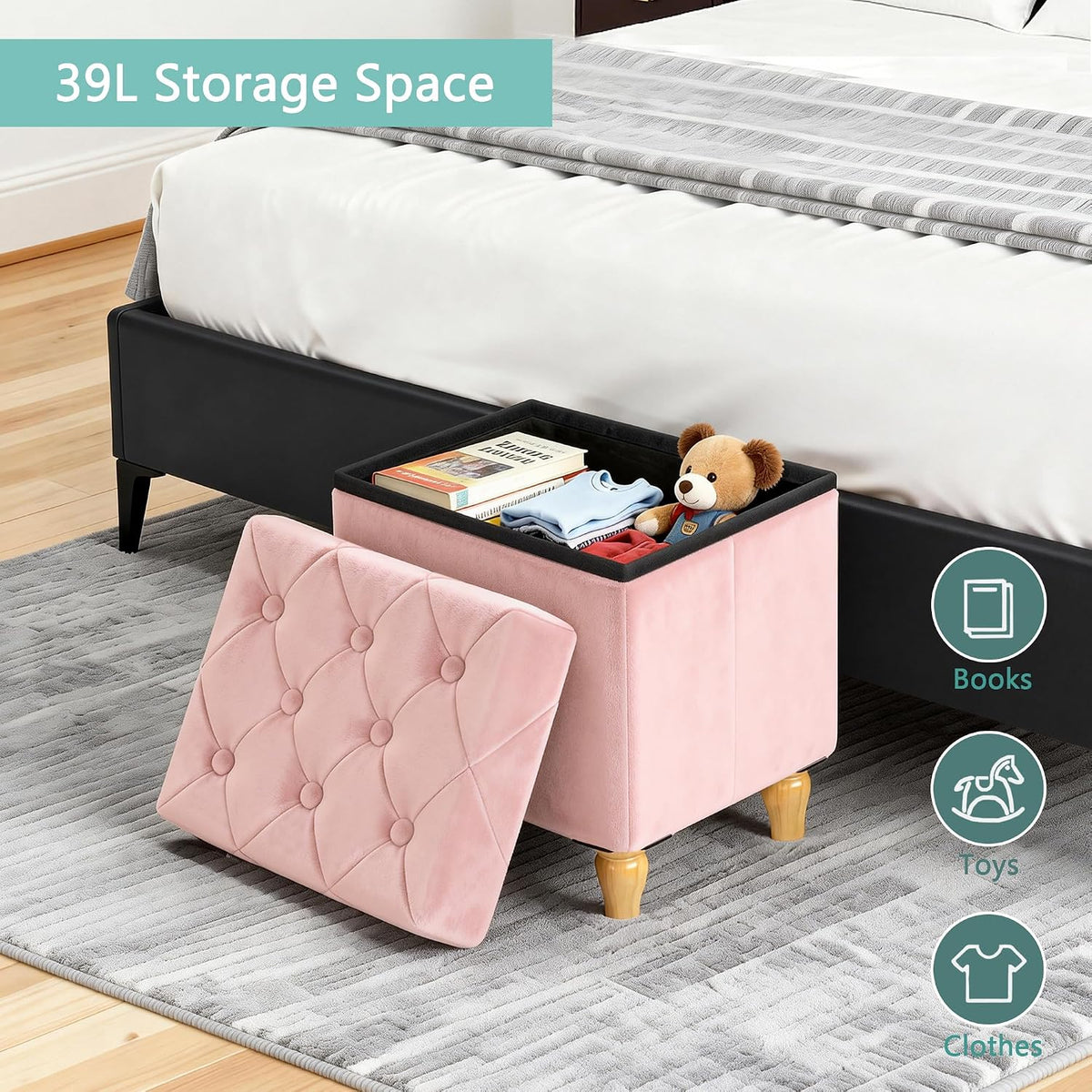 CAROLMADE Folding Storage Ottoman Cube Velvet Footstool with Wood Legs Ottoman Footrest for Living Room and Bedroom Pink, 15"x12.6"x15.4"