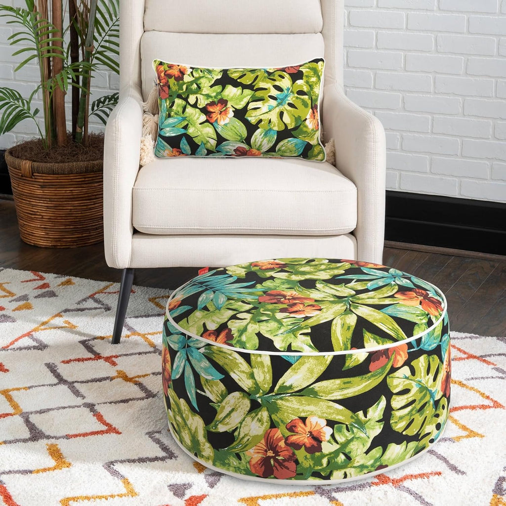 Outdoor/Indoor Inflatable Ottoman Pouf D20 xH9, All Weather Round Footstool with Handle, Water Repellent Portable Footrest for Patio Garden Camping Travel-Tropical Green Leaves
