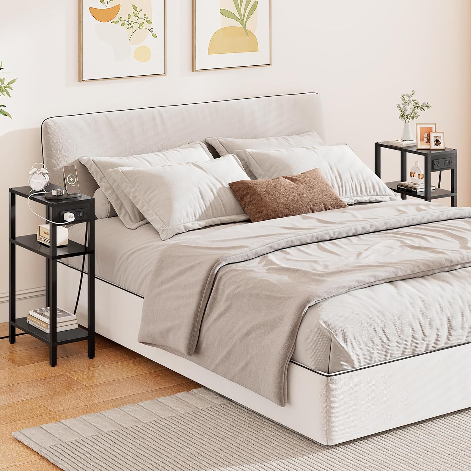 TUTOTAK Narrow Side Table, 3-Tier Small End Table with Charging Station | Skinny Sofa Table, Slim Nightstand, Easy Assembly for Living Room, Bedroom, Black TB01BK079