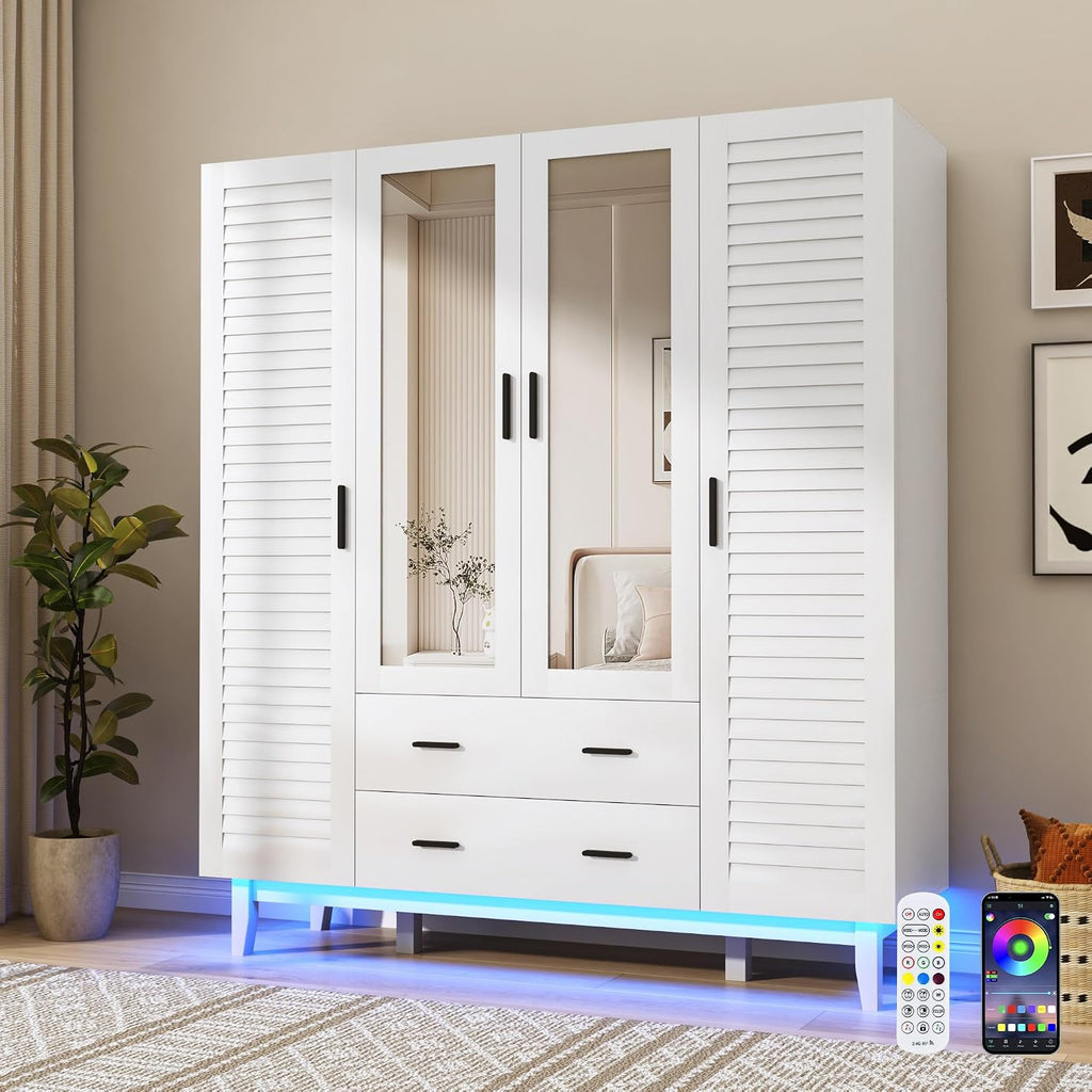 jiteentarou 4 Door Armoire Wardrobe Closet Cabinet with Drawers and LED Lights, Multi-Tier Shelves, Hanging Rod & 4 Louver Doors, Large Capacity Storage Wardrobe Armoire for Bedroom(4 Doors White)