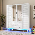 jiteentarou 4 Door Armoire Wardrobe Closet Cabinet with Drawers and LED Lights, Multi-Tier Shelves, Hanging Rod & 4 Louver Doors, Large Capacity Storage Wardrobe Armoire for Bedroom(4 Doors White)
