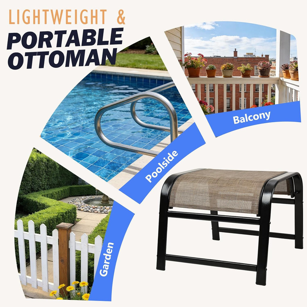 Outdoor Ottoman Patio Footstool 2 Set Modern Breathable Metal Frame Foot Rest Brown