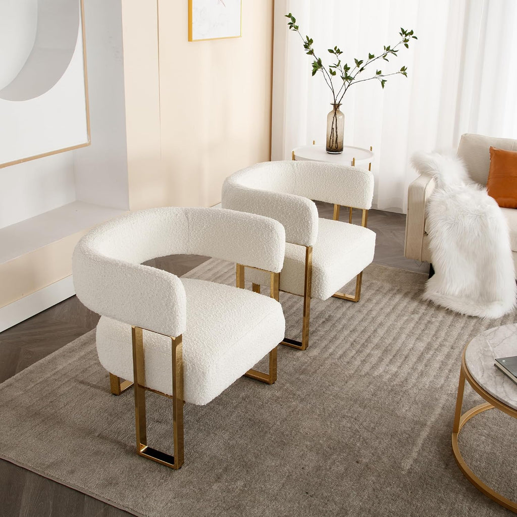 Barrel Accent Chairs Set of 2, Modern Side Chair with Golden Metal Legs, Sherpa Upholstered Reading Armchair, Boucle Club Chairs for Living Room/Reception Room/Bedroom/Office, White