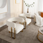 Barrel Accent Chairs Set of 2, Modern Side Chair with Golden Metal Legs, Sherpa Upholstered Reading Armchair, Boucle Club Chairs for Living Room/Reception Room/Bedroom/Office, White
