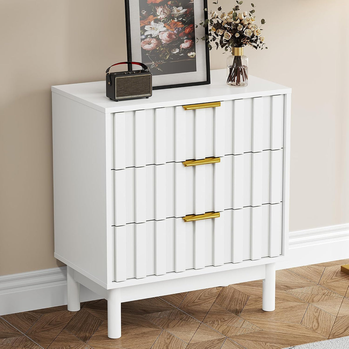 RoyalCraft 3 Drawer Nightstand, Modern Fluted Chest of Drawers, Wooden Storage Night Stand Side Table with Chic Edge Pull, Perfect for Bedroom, Living Room, Entryway, White