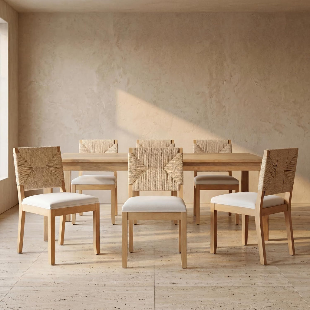 Boho Mid Century Modern Dining Chairs Set of 6, Rattan Dinning Chair with a Square Back, Warm Beige Cane Dining Chair, Linen Upholstered Kitchen and Dining Room Chairs, Sillas para Comedor