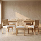Boho Mid Century Modern Dining Chairs Set of 6, Rattan Dinning Chair with a Square Back, Warm Beige Cane Dining Chair, Linen Upholstered Kitchen and Dining Room Chairs, Sillas para Comedor