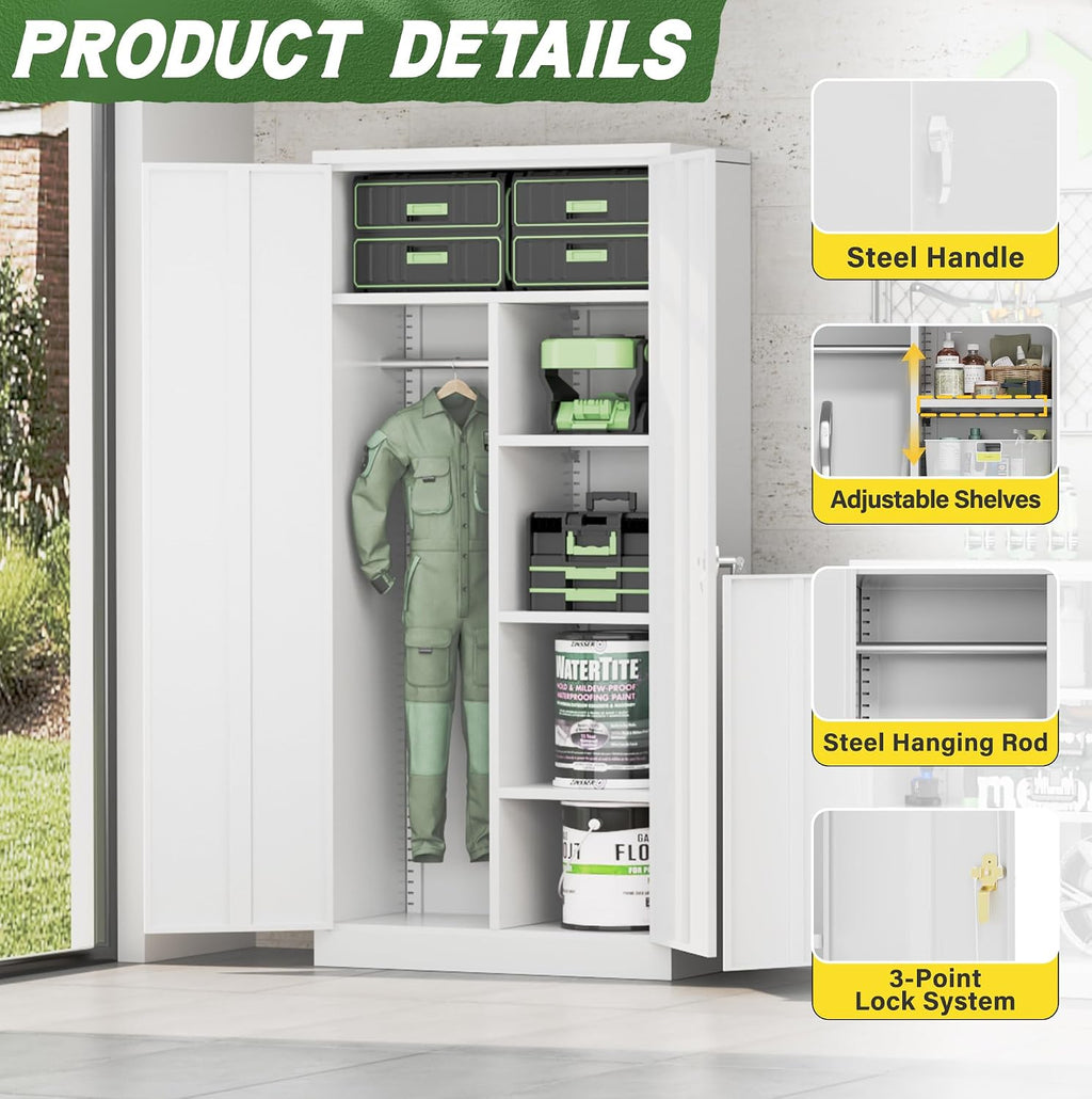 Greenvelly Metal Wardrobe Closet with Doors and Shelves,72" Armoire Wardrobe Closet for Hanging Clothes for Office, Bedroom, Laundry Room, School, Employee,Gym(White)