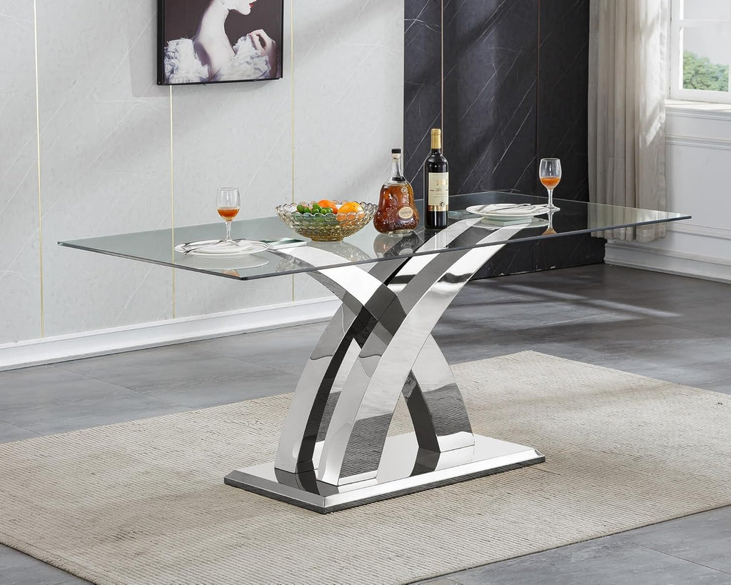 70'' Modern Glass Dining Table for 4-8 People, High Gloss Stainless Steel Base, Rectangular Glass Dining Room Table for 6, Tempered Glass Top Silver Kitchen Table for Home Kitchen Furniture