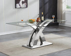 70'' Modern Glass Dining Table for 4-8 People, High Gloss Stainless Steel Base, Rectangular Glass Dining Room Table for 6, Tempered Glass Top Silver Kitchen Table for Home Kitchen Furniture