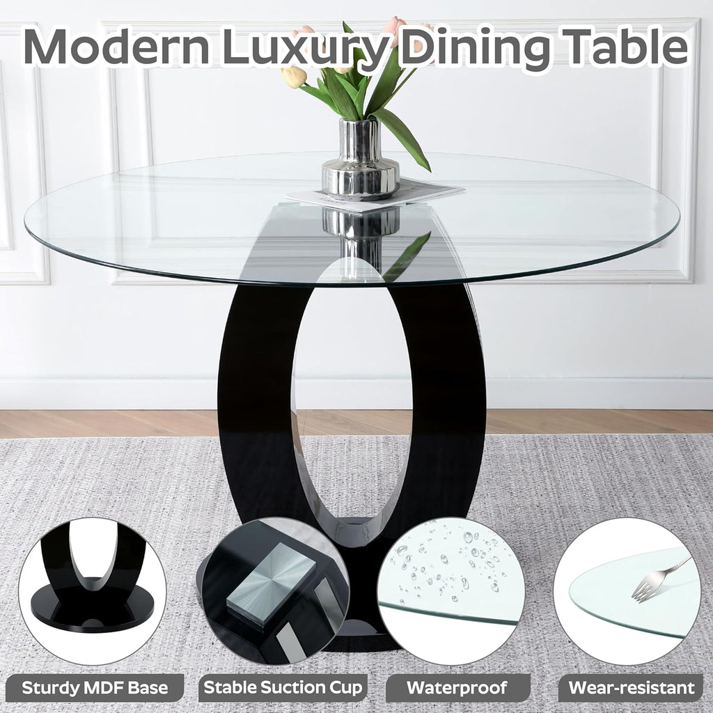 RGZ 39'' Modern Luxury Clear Glass Round Dining Table for 4-6, Glass Circle Top Kitchen Table with Elegant Silver Decorative Strips & Black Base, Small Apartment Dinner Table for Home, Living Room