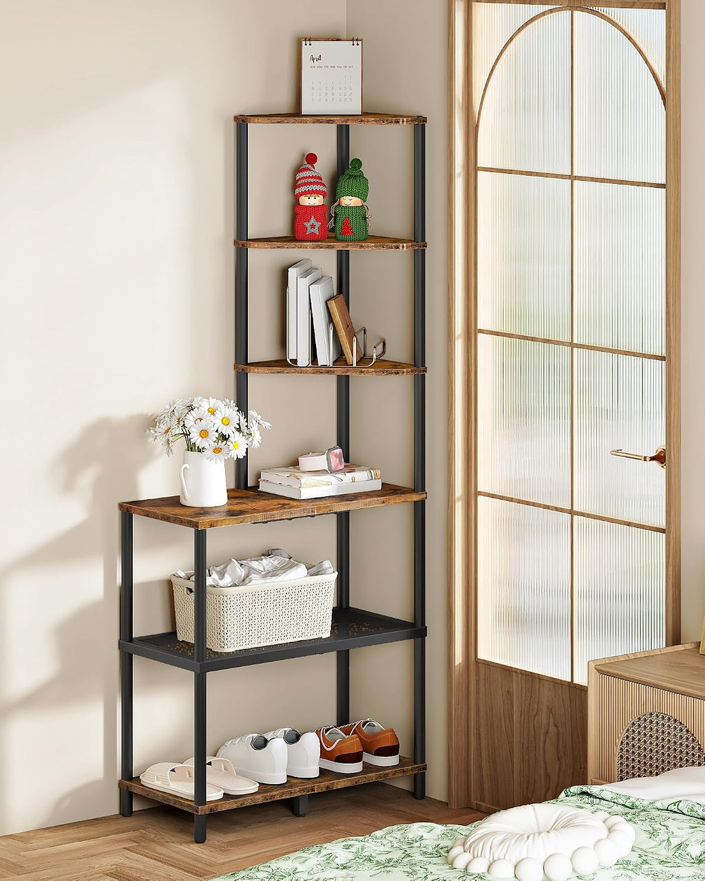 CHOEZON 6-Tier Corner Shelf, Industrial Corner Bookshelf with Desk Top, Diamond-Shaped Storage Shelves, Display Stand for Small Spaces, Living Room, Home Office, Foyer, Rustic Brown and Black TCJ70BF