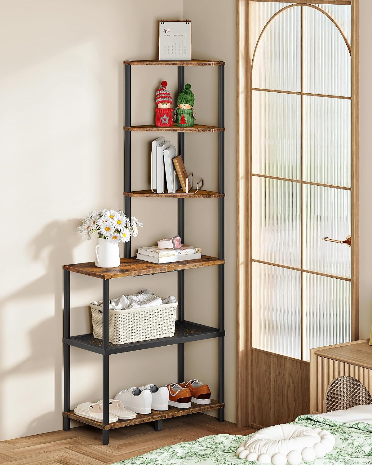 CHOEZON 6-Tier Corner Shelf, Industrial Corner Bookshelf with Desk Top, Diamond-Shaped Storage Shelves, Display Stand for Small Spaces, Living Room, Home Office, Foyer, Rustic Brown and Black TCJ70BF