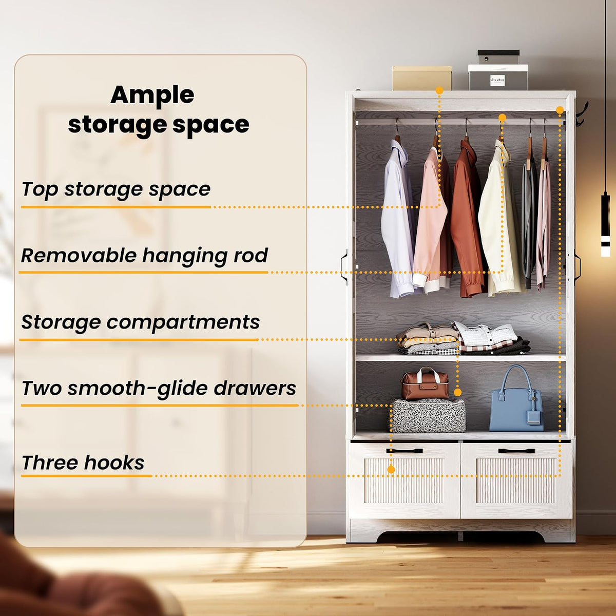 ANCTOR 71" Wooden Armoire Wardrobe Closet with 2 Drawers & Hanging Rod | Freestanding Clothing Storage Cabinet with 2 Doors and Shelves, White
