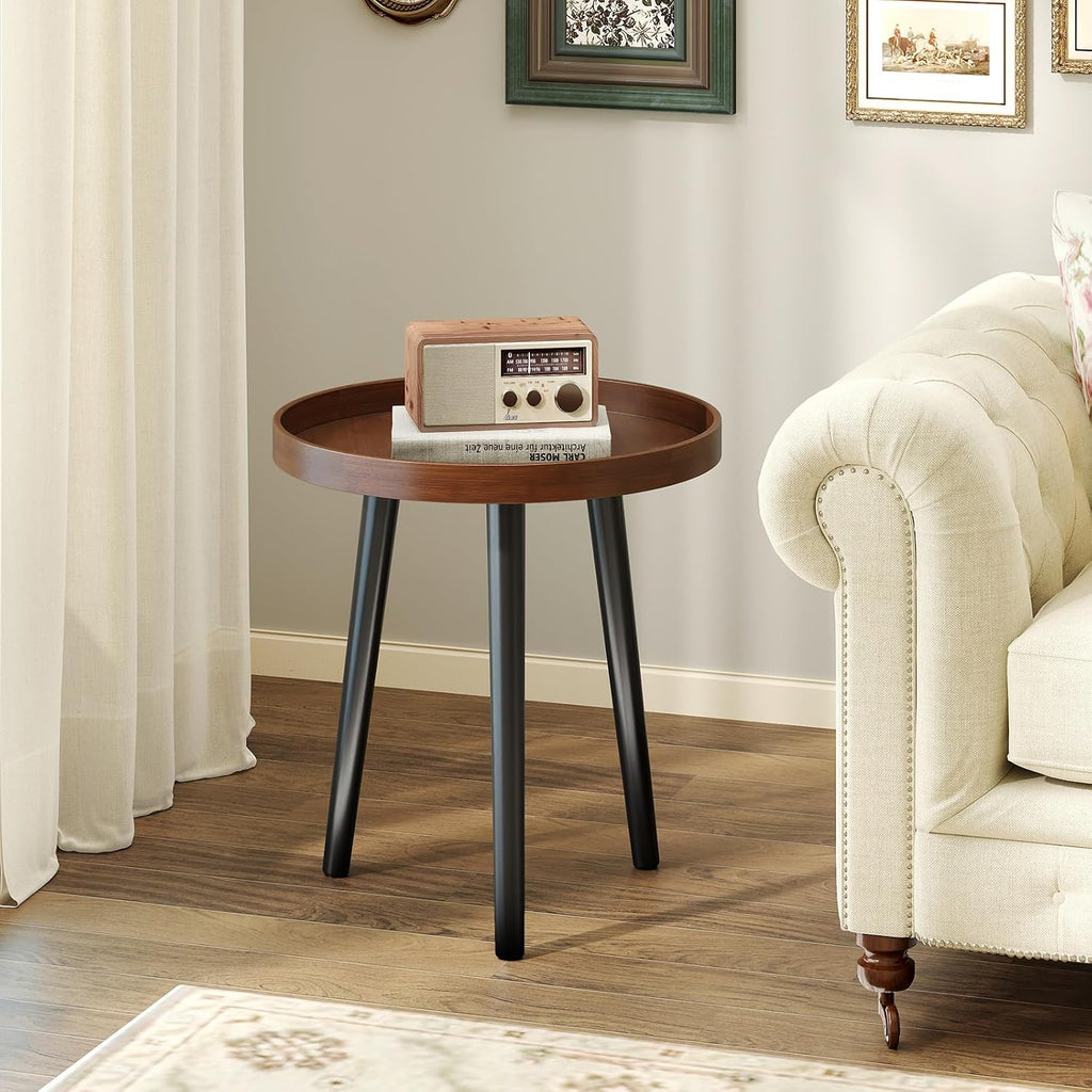 Giantex Round End Table, Mid Century Modern Side Table with Wooden Tray & Bamboo Legs, Sofa Couch Accent Table, Small Coffee Table for Small Space Living Room, Nightstand for Bedroom, Walnut