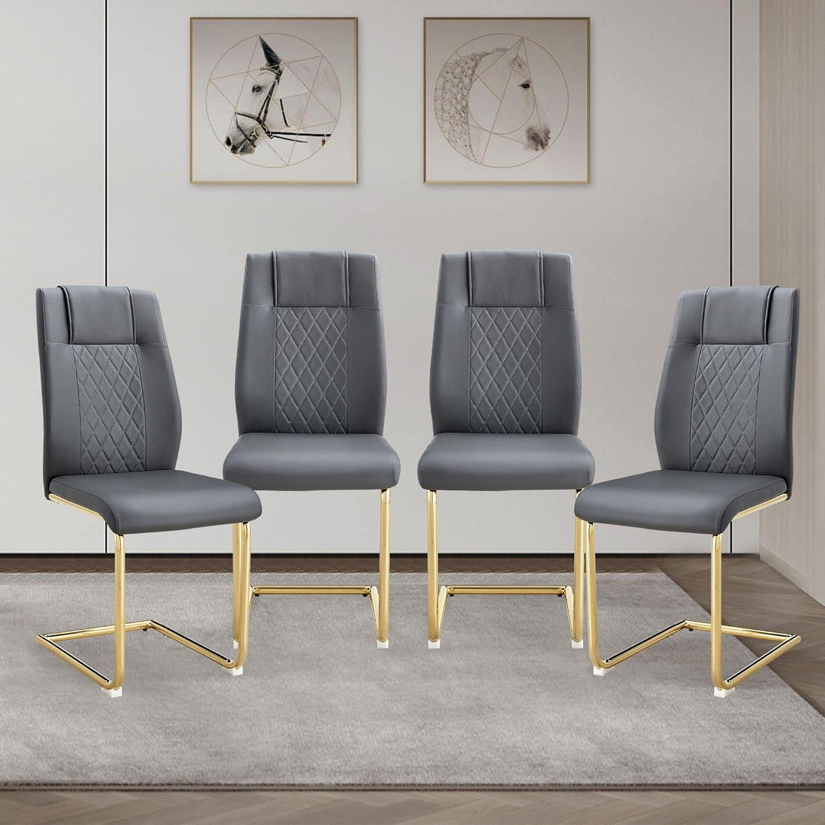 cinkehome Modern Gray Dining Chairs Set of 4 with Gold Metal Legs, High Back Upholstered Armless Side Chair for Kitchen, Dining Room, Faux Leather