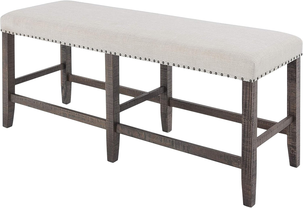 Jofran Willow Creek Distressed Pine Counter Height Dining Bench, Rustic Upholstered Bench for Dining Room Kitchen, Cream Fabric and Brown Wood