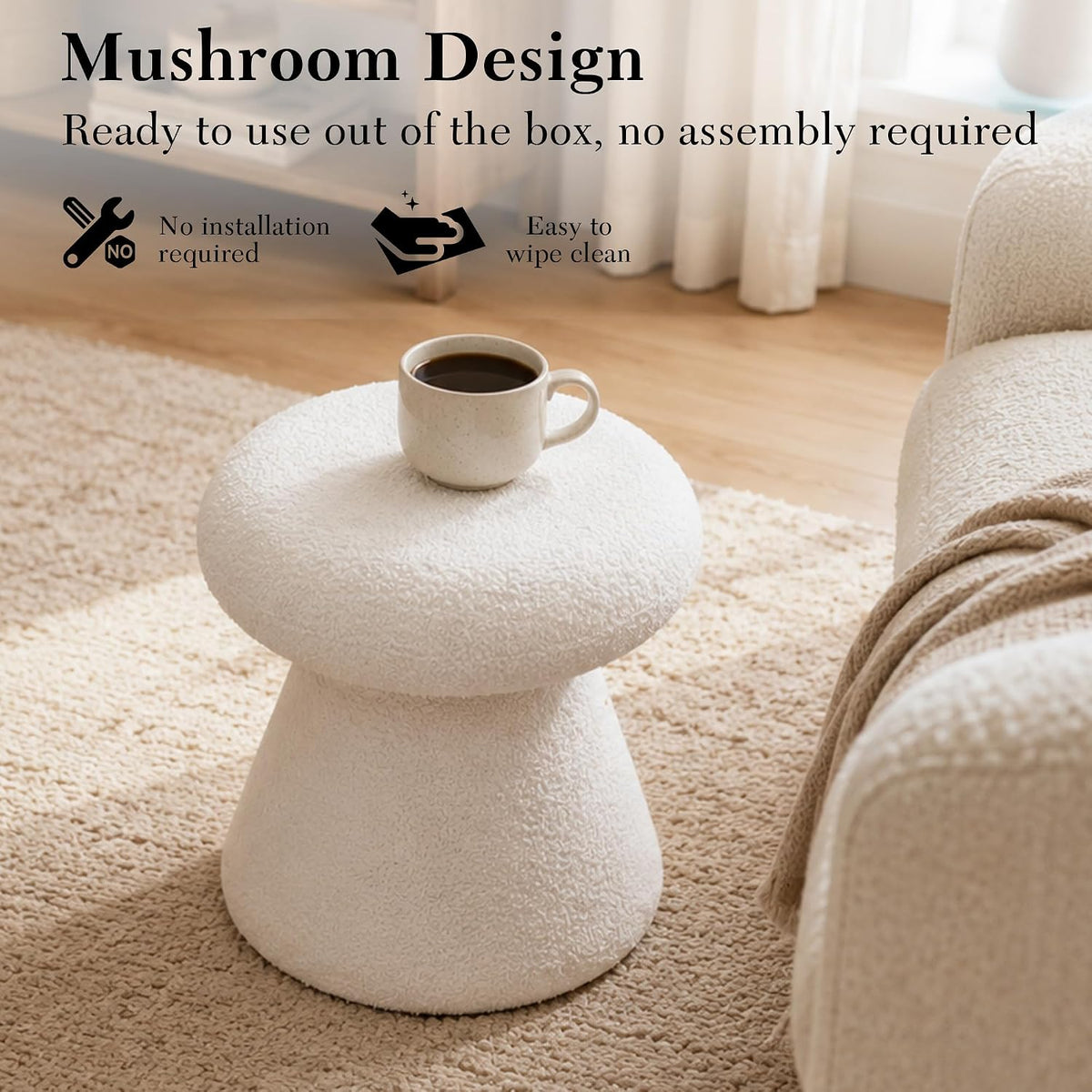FOXHUNTER Mushroom Pouf Ottoman with 360° Rotation, White | Footstool with Sponge Filling, No Assembly Required, Soft Shoe Stool, Makeup Chair for Living Room Bedroom Entrance