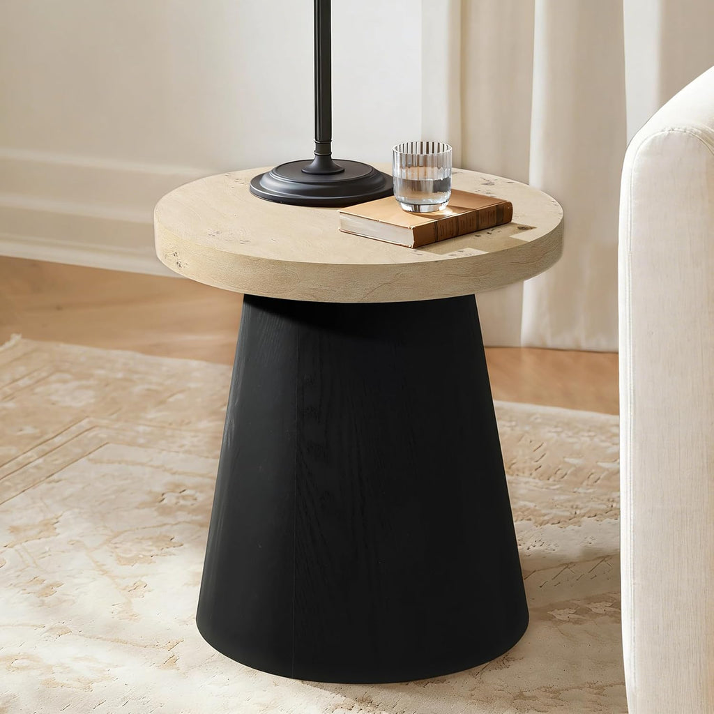 LuxenHome Side Table, 19'' Small Round Accent End Table, Light Wood Finish Top with Black Base Beside Table for Small Spaces, Modern Boho Nightstand for Living Room,Bedroom,Home Office