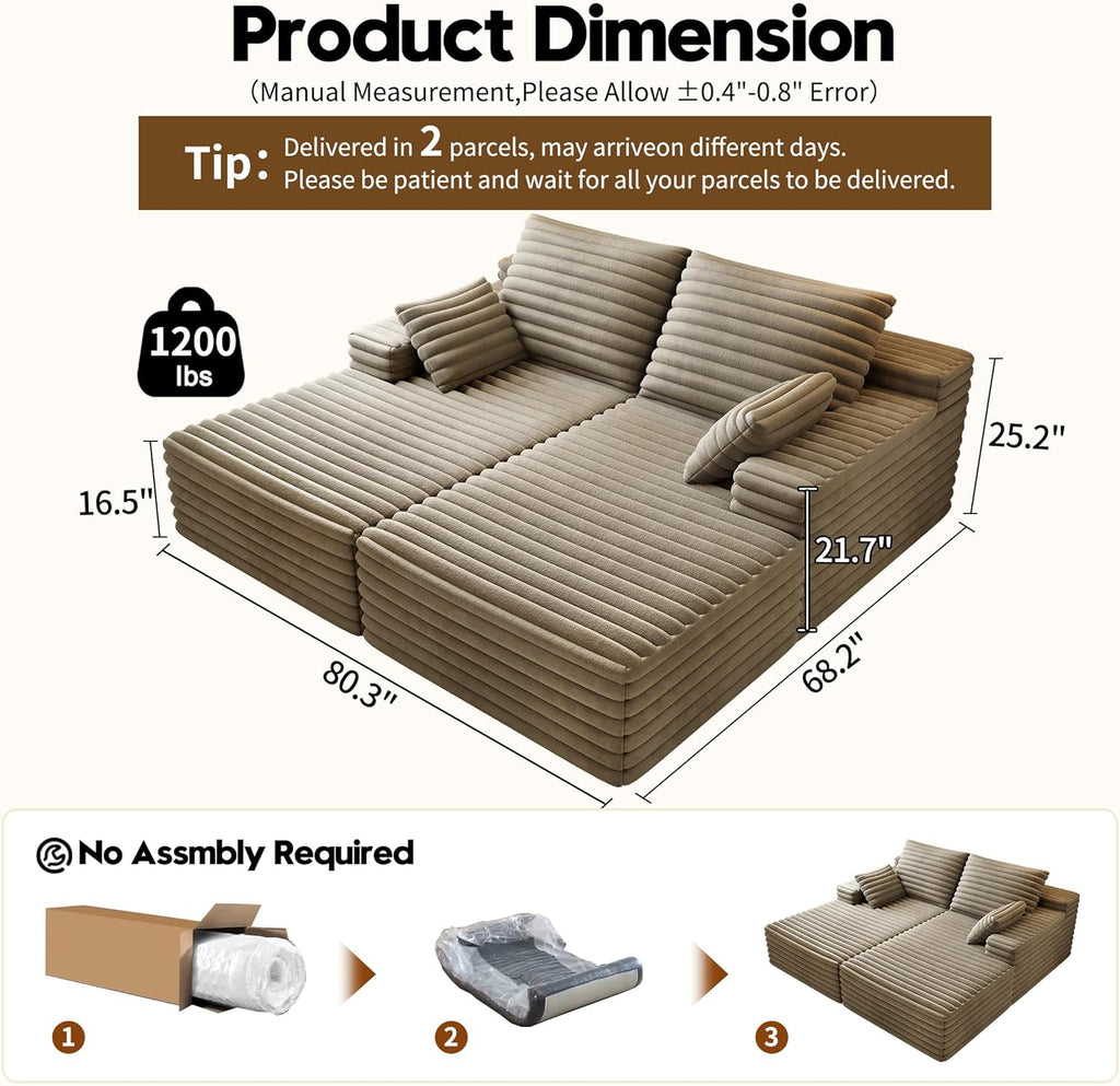 80” Oversized Double Lounge Chaise,Cloud Plush Sofa Bed,Upholstered Cloud Sofa Deep Seat,No Assembly Required,Modern Corduroy Sleeper Loveseat Chair for Living Room Bedroom Reading,Camel