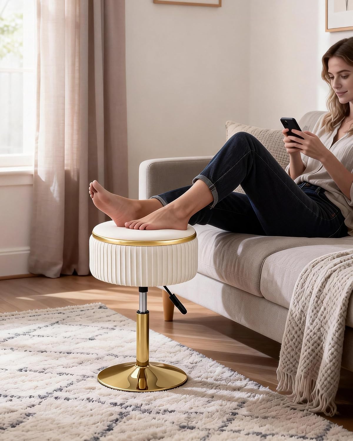 LITZFUR Adjustable Vanity Stool with Storage, 360° Swivel Gold Chair, Velvet Small Round Ottoman Footrest for Bathroom, Makeup Room, Beige