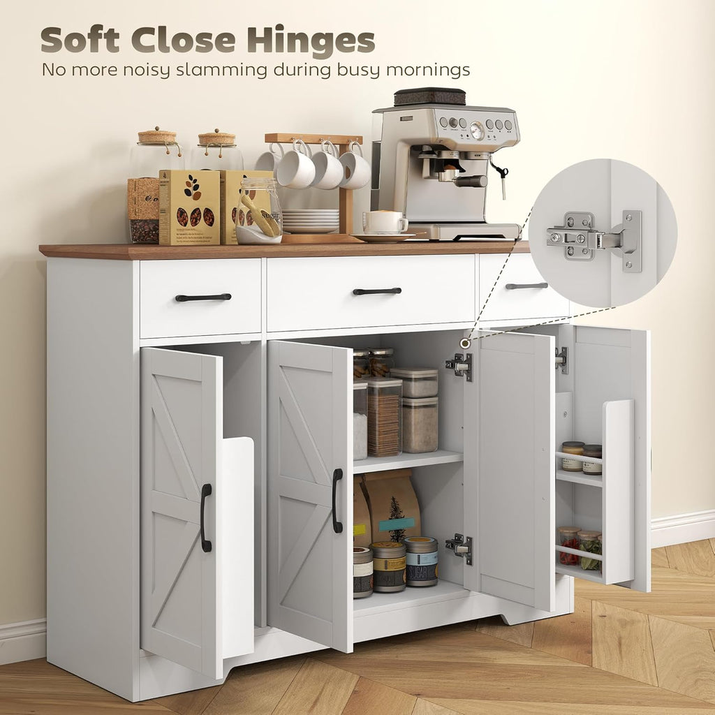 HOMCOM 47" Sideboard Buffet Cabinet, Farmhouse Credenza with Soft-Close Hinges, Coffee Bar Cabinet with Spice Racks, 3 Drawers and 3 Adjustable Shelves, White