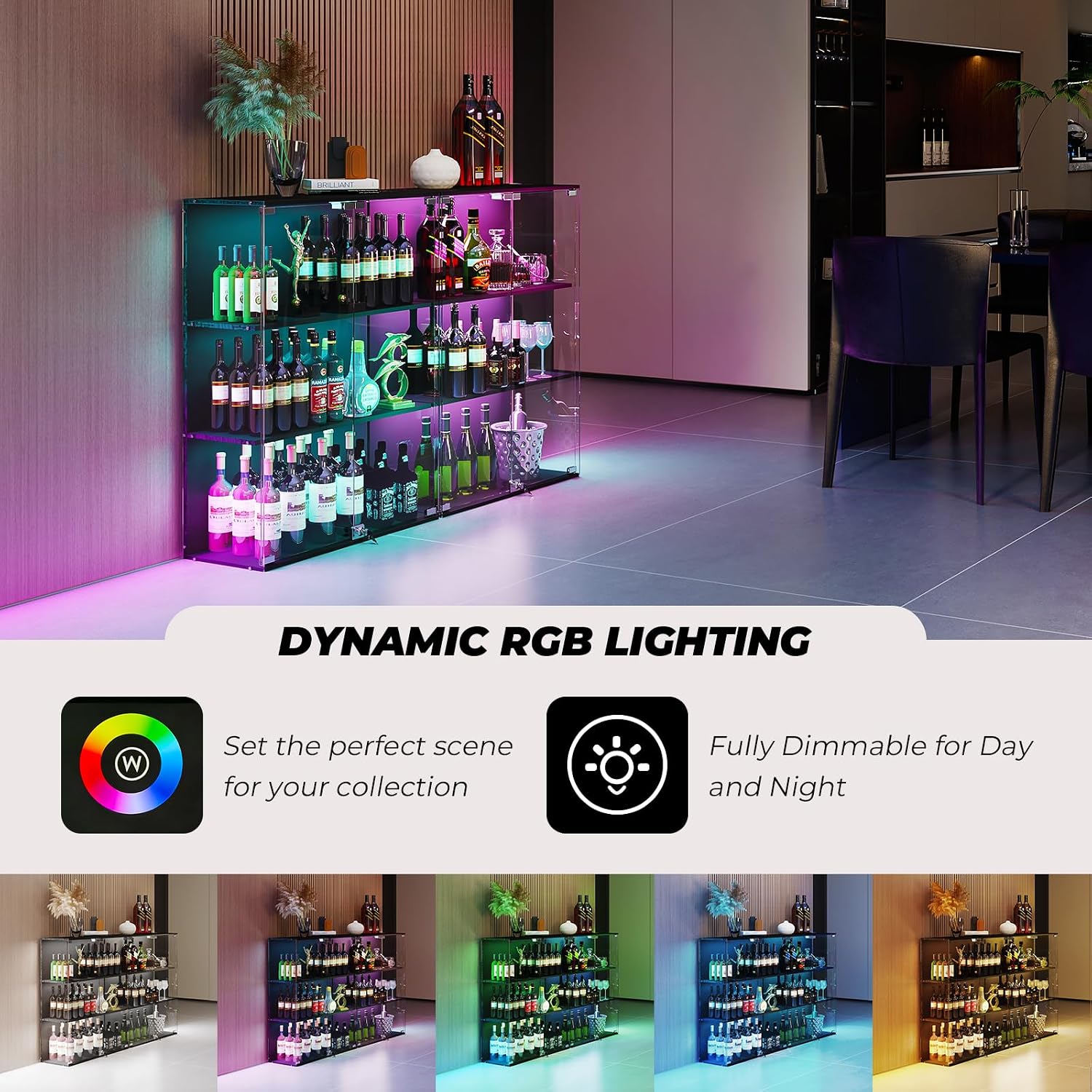 VersionTECH. Glass Display Cabinet with RGB LED Lights, Full-View Display, 3-Tier Display Case with Glass Doors for Collectibles, Cabinets with Lock, Human Sensor, Charging Station, Black