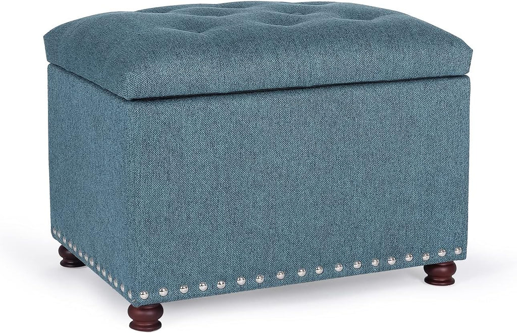 24’’ Rectangular Upholstered Storage Ottoman for Living Room | Fabric Foot Stool with Nail-head Trim- Chests and Organizers , Load Up to 350 lb, Lake Blue