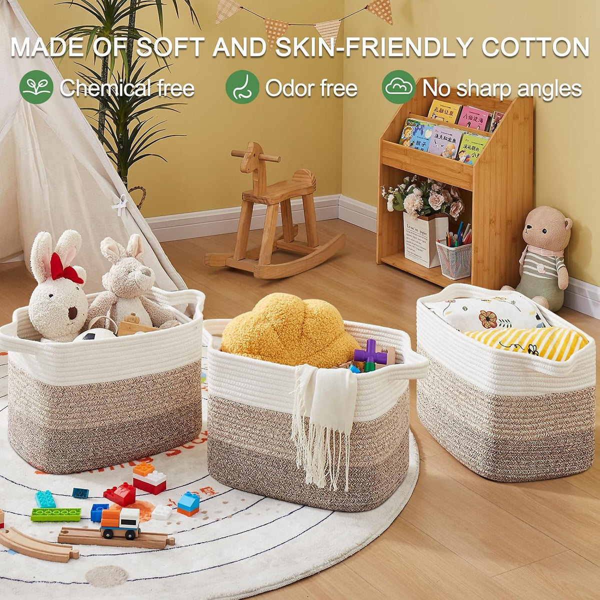 OIASKET Storage Baskets for Organizing, Woven Baskets for Shelves, Rectangle Decorative Organizer for Storage Clothes, Toy, Books, Towels Nursery Bins 3 Pack (Gradient Yellow, 15.75"x11.8"x9.85")