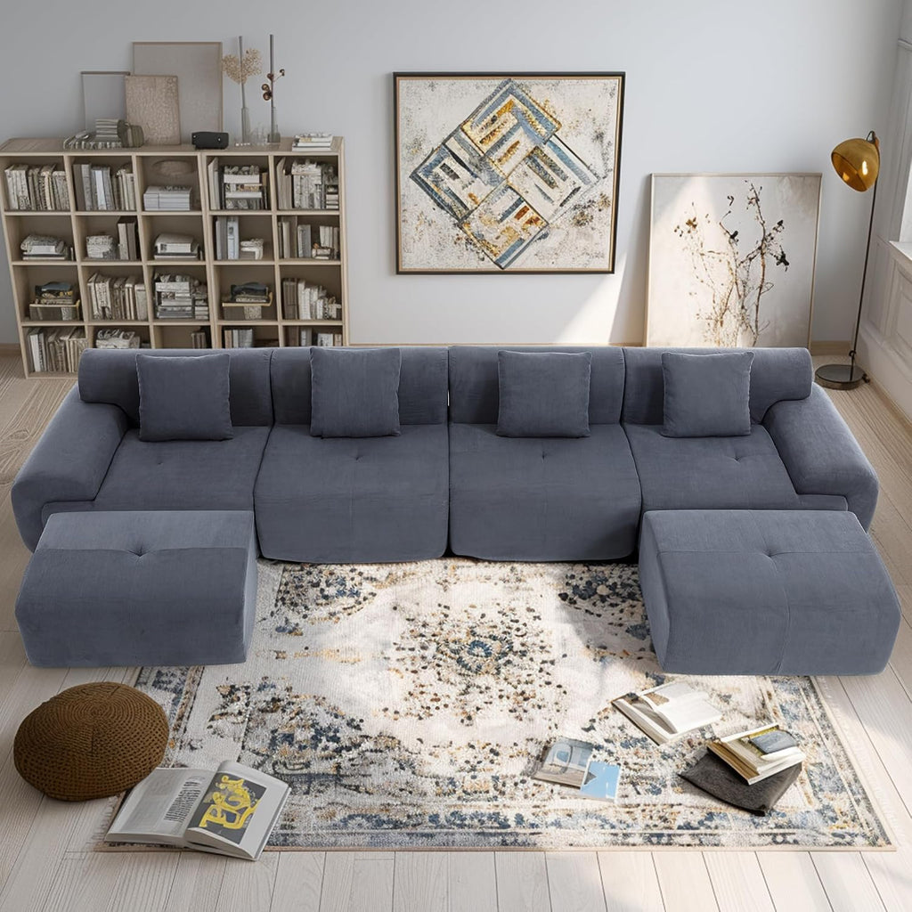 L-Shaped Modular Sectional Sofa, Sectional Couch, Oversized 3-Seater Cloud Couch with Deep Seat and Movable Ottoman for Living Room, Apartment (Gray, 3 Seater with 2 Ottoman)