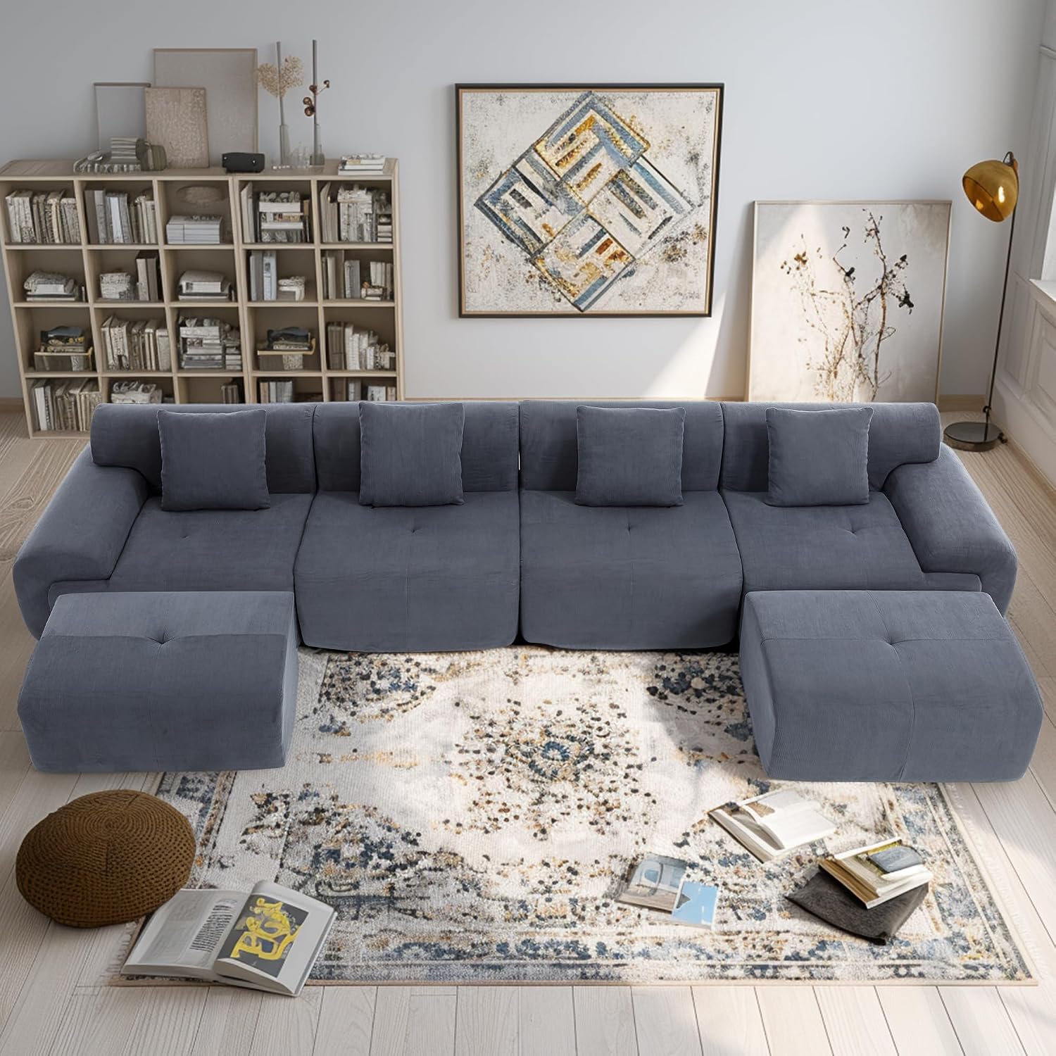 L-Shaped Modular Sectional Sofa, Sectional Couch, Oversized 3-Seater Cloud Couch with Deep Seat and Movable Ottoman for Living Room, Apartment (Gray, 3 Seater with 2 Ottoman)