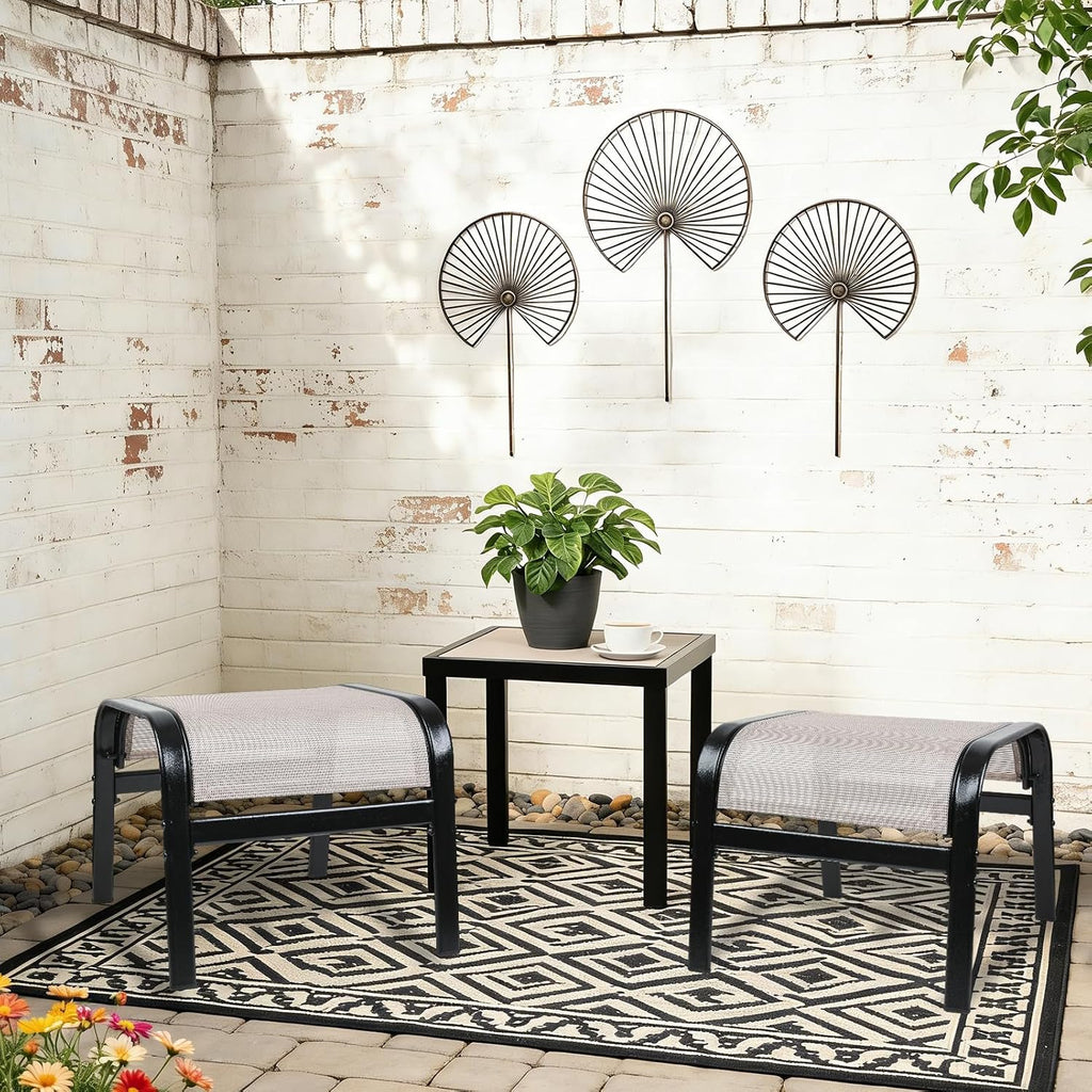 Patio Outdoor Ottoman 2 Set, Portable Footstools Textliene Metal Foot Rest Beige