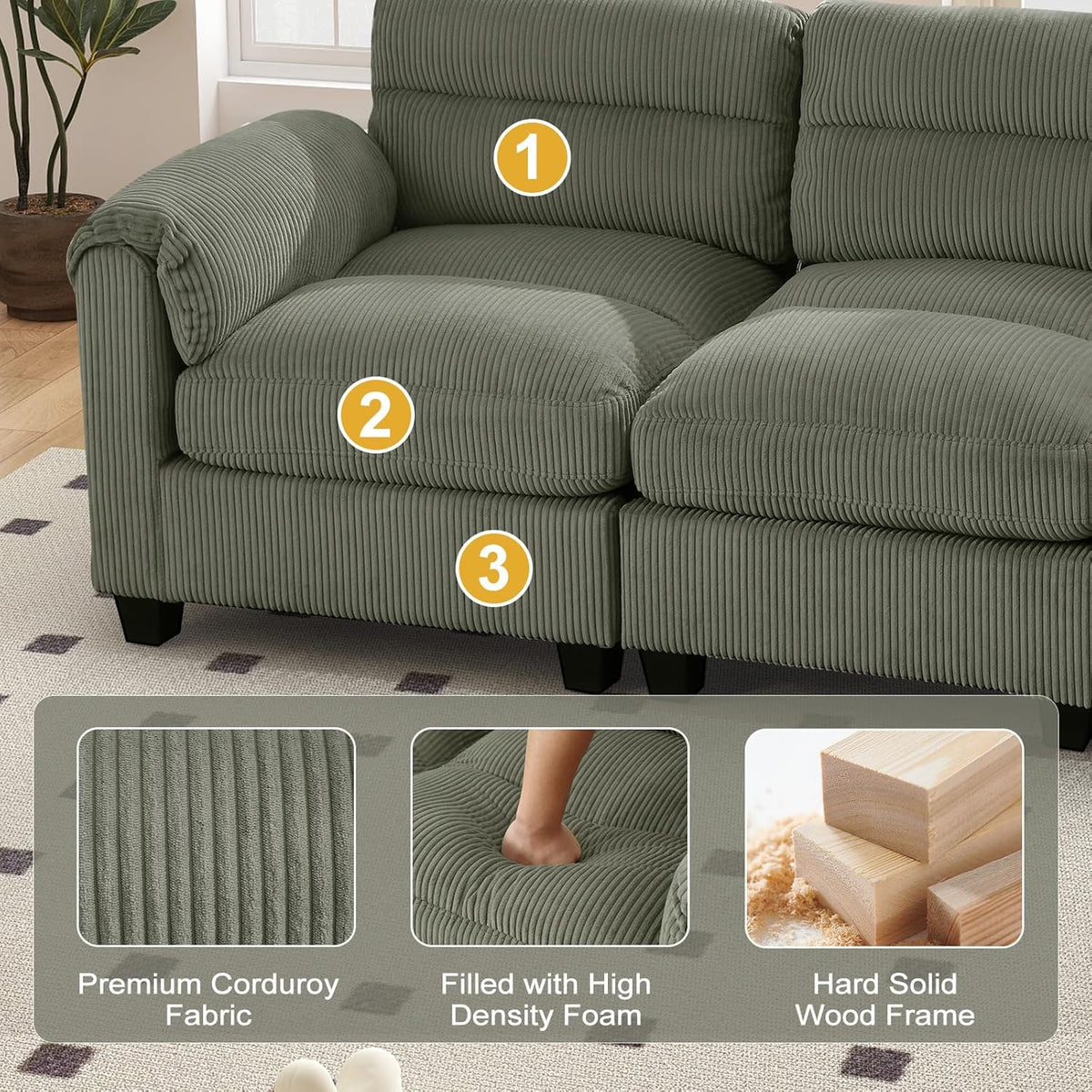 HAOMARKETS Corduroy Sofa Set, Upholstered Ottoman Footrest, Modern Living Room Furniture Sets,Green