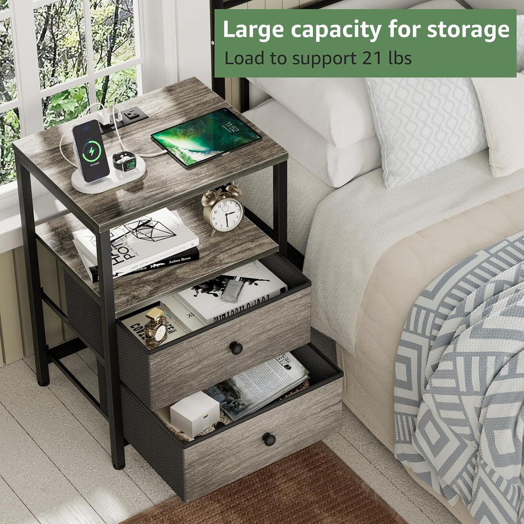 BOLUO Gray Nightstand with Charging Station, LED Night Stand with 2 Fabric Drawers, Bedside Table with USB Ports and Outlets, Nightstand for Bedroom Modern