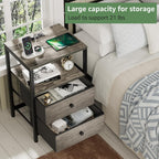 BOLUO Gray Nightstand with Charging Station, LED Night Stand with 2 Fabric Drawers, Bedside Table with USB Ports and Outlets, Nightstand for Bedroom Modern