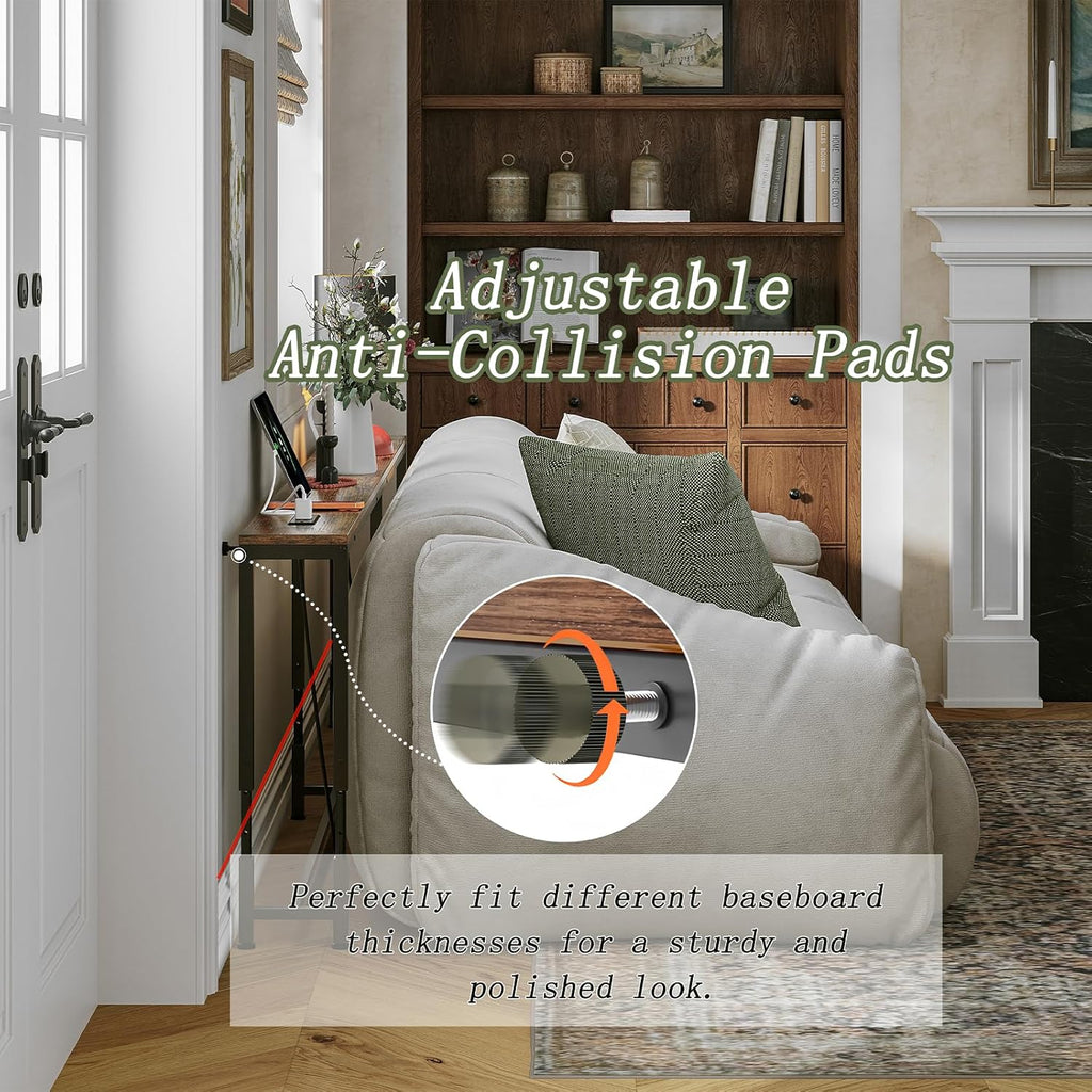 86.6" Behind Couch Table Adjustable Height 23.8~34.8" with Charging Station, 5.9" Narrow Console Table Skinny, Anti-Collision Pads, Anti-Tipping Kit for Living Room