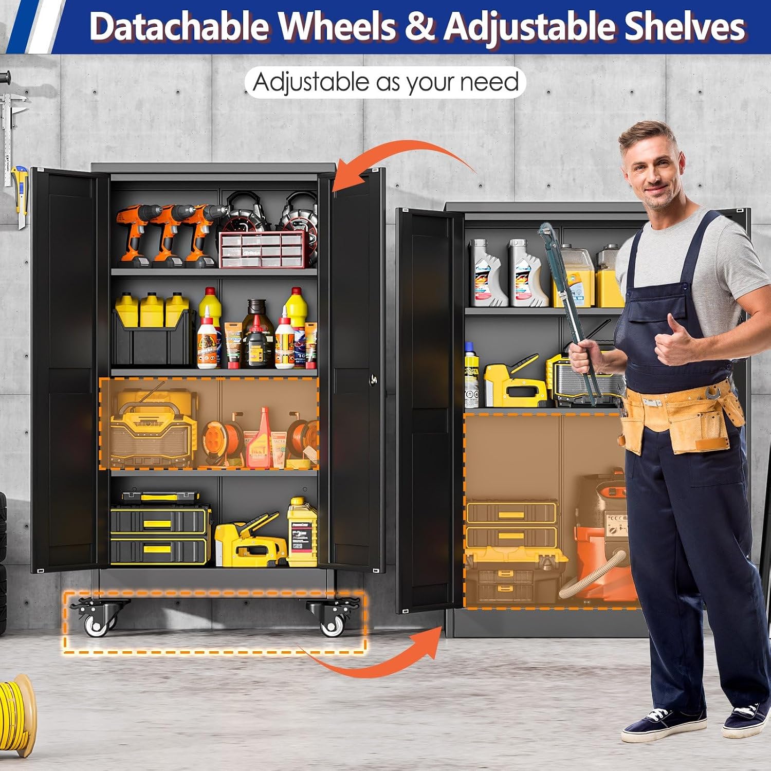 GAIOUS Metal Garage Storage Cabinet with Lock and Wheels, 45.7" Tall Metal Storage Cabinets with Locked Door and 3 Adjustable Shelves, Rolling Tool Cabinet, Utility File Cabinet for Home Office, Black