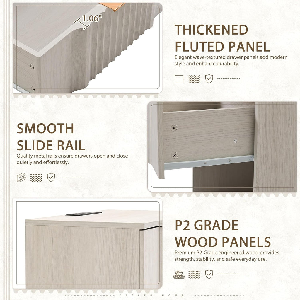 Yechen Fluted Nightstand Set of 2 with Ultra-Fast Charging Station, White | Large Drawers, FSC-Certified Wooden Board, Unique Fluted Profile, Metal Handle, Mid Century Modern Bedside Table for Bedroom