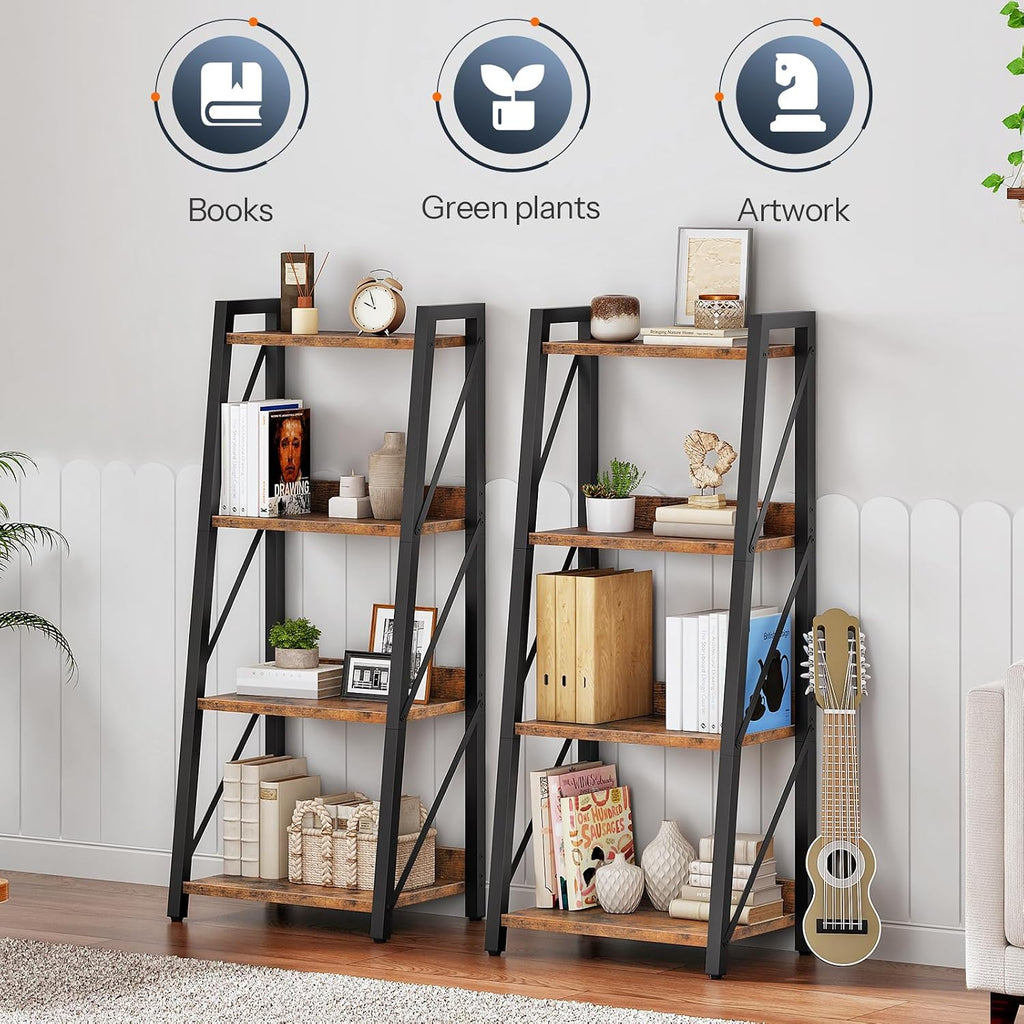 HOOBRO Ladder Shelf, 4-Tier Bookshelf, Corner Bookcase, Freestanding Storage Shelf Display Organizer, for Living Room, Bedroom, Home Office, Kitchen, Rustic Brown and Black BF304CJ01