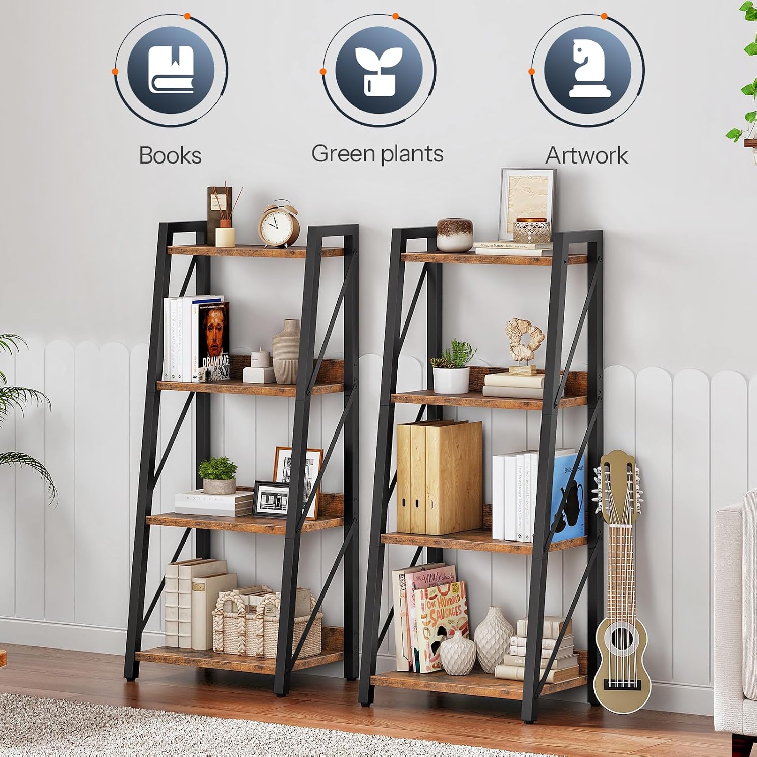 HOOBRO Ladder Shelf, 4-Tier Bookshelf, Corner Bookcase, Freestanding Storage Shelf Display Organizer, for Living Room, Bedroom, Home Office, Kitchen, Rustic Brown and Black BF304CJ01