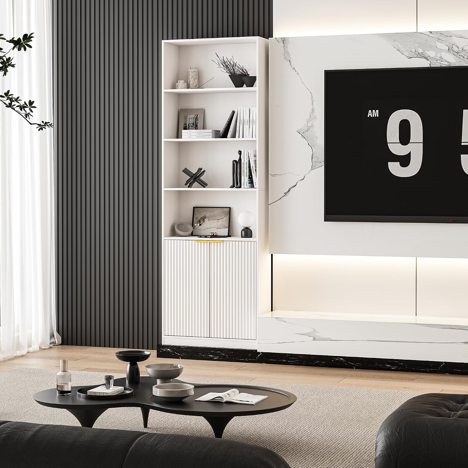 INNOD 69" Tall Book Shelve Bookcases with Doors, Floor Standing 6 Shelf Display Shelves, Bookshelf with Storage Shelf, Home Decor Furniture for Living Room Home Office