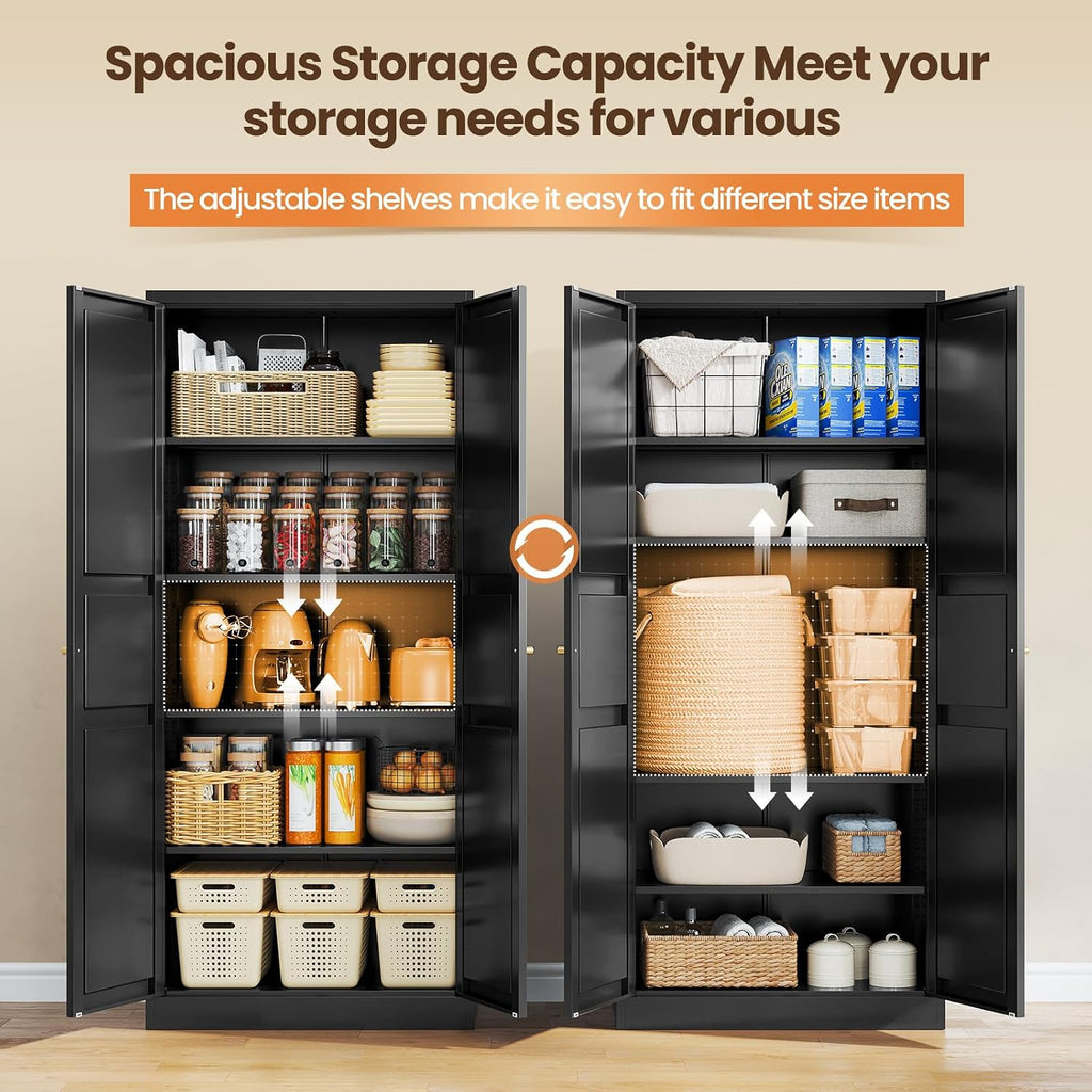 Yizosh Metal Storage Cabinet with 2 Doors and 4 Adjustable Shelves - 71" Black Kitchen Pantry Storage Cabinet, 4-Tier Tall Steel Cabinet Locker for Kitchen, Living Room, Dining Room