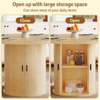 47 inch Round Dining Table for 4-6, Dinner Table with 2-Layer Storage Shelf, Morden Circle Kitchen Table with Wooden Strip Base and Wood Slide Door for Home Dining Room, Living Room, Natural