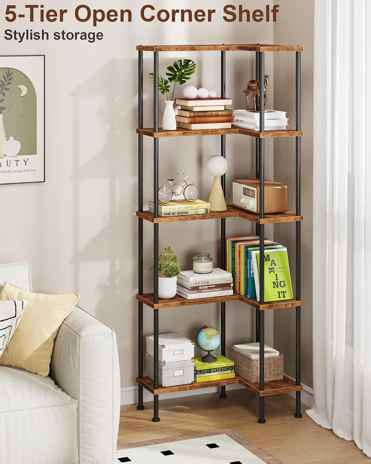 HIGDBFE 5-Tier L-Shaped Corner Bookshelf, 60" Tall Modern Corner Shelf
