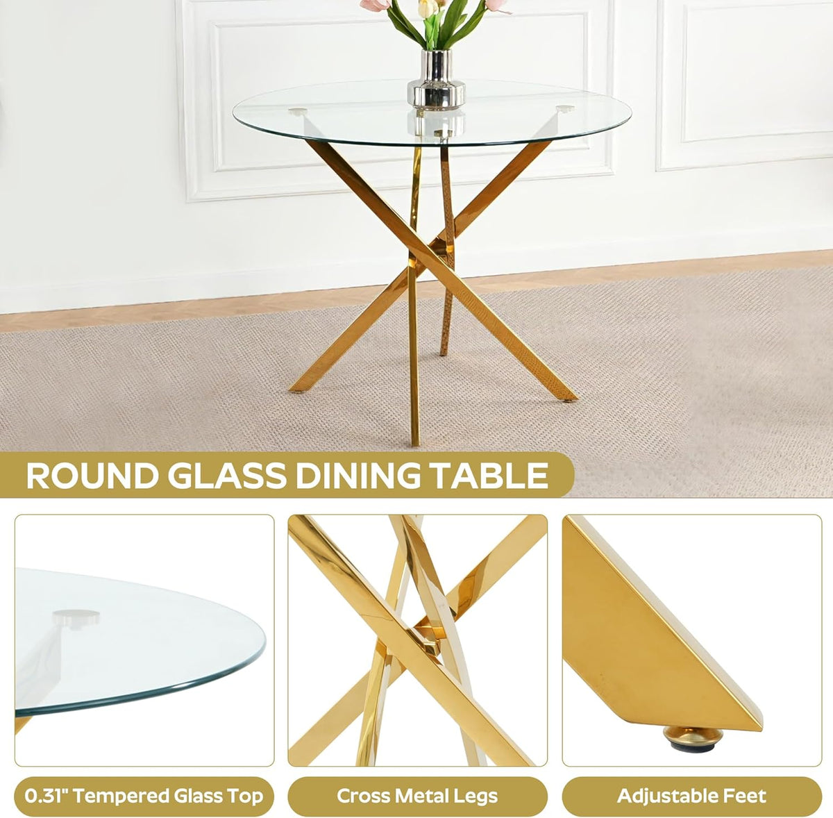 36" Round Dining Table Set for 4, Small Round Kitchen Table with 4 Boucle Dinner Chairs, Modern Circle 5 Piece Glass Dining Table with Metal Legs(Pink&Gold)
