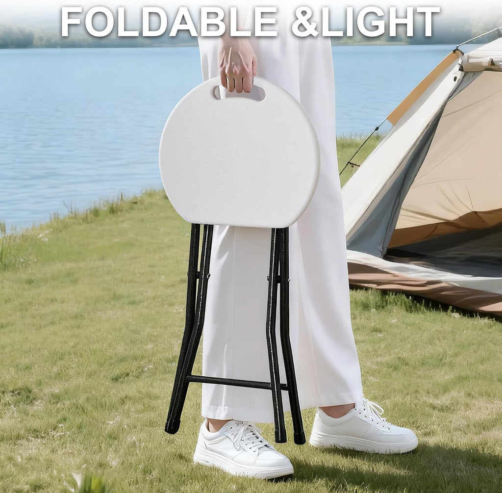 VECELO Folding Stool 18" with Handle, Solid Bottom Support, Iron X-Frame, 500 lbs Capacity, Anti-Slip Feet, Easy Clean, Lightweight Foldable Stool for Camping, Kitchen, Vanity and Outdoor, White