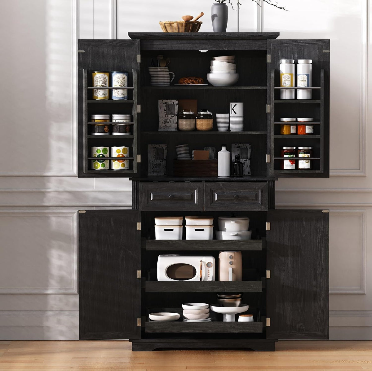 71" Tall Kitchen Pantry Cabinet with 3 Pull Out Organizers, Farmhouse Storage Cabinet with 6 Door Shelves,2 Drawers,Freestanding Cupboard for Kitchen Dining Room (Black-@01)