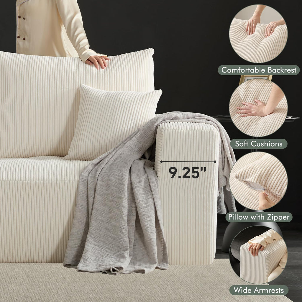 Gericco 113" Modular Sectional Couch, Cloud Sofa with Deep Seats, Upholstered Corduroy U-Shaped Sleeper Sofa with Chaise, 3-Seater Couches for Living Room, No Assembly Required, Beige